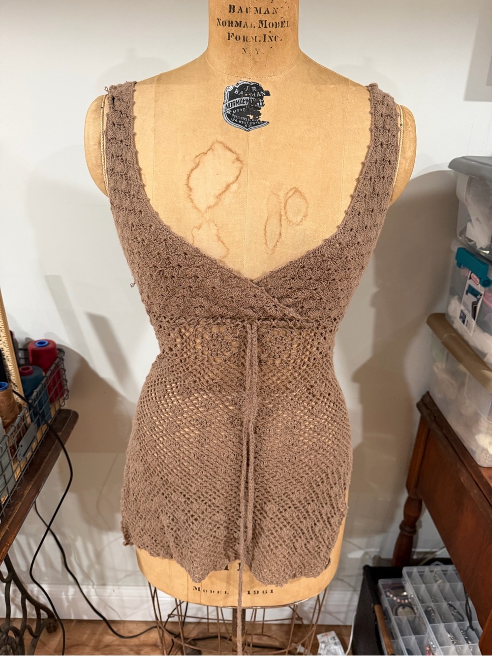 bebe Brown Open-Weave Sleeveless Knit Tank